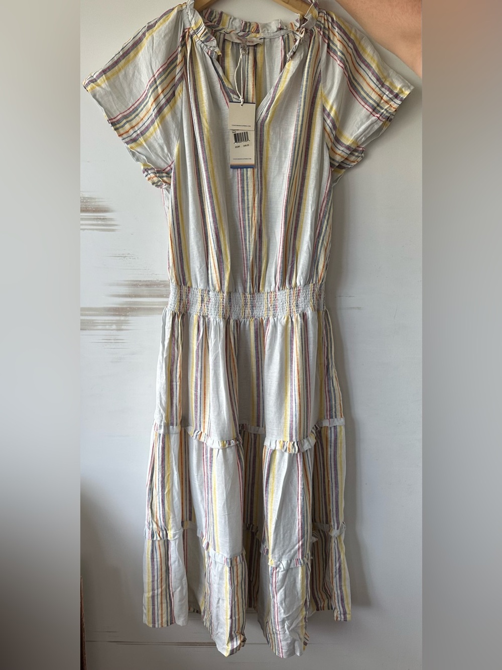 Striped Tiered Smocked-Waist Midi Dress - White with Pastel Stripes
